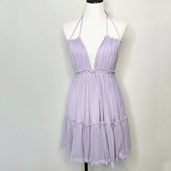 Free People Dresses & Skirts - Free People Boho Lavender Raw Hem Lace Trim Halter Mini Dress Size L
